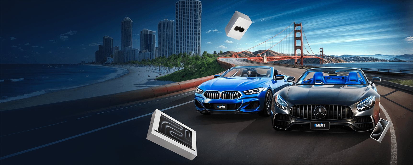 1win Lucky Drive: разыгрываем 2 кабриолета и призы от Apple